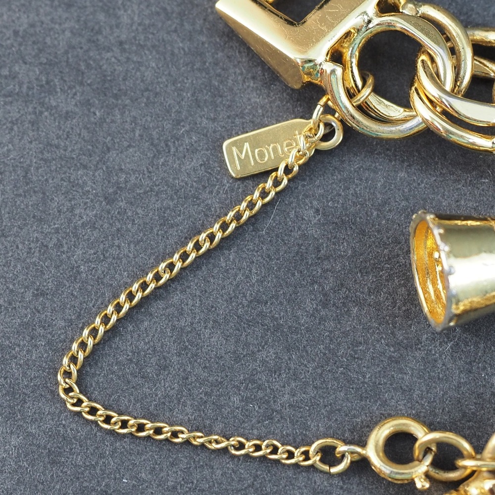 Monet Charm Bracelet Gold Tone Double Link Safety Chain Airplane Birthday VTG - Picture 5 of 7